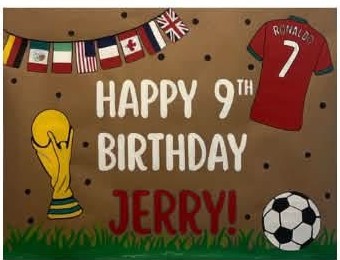Happy 9th Birthday Jerry soccer banner with world flags, a Ronaldo jersey, and a trophy