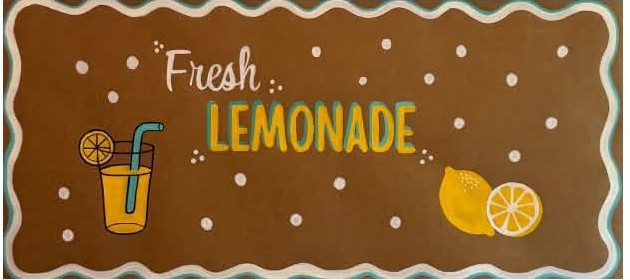 Fresh Lemonade banner with a scalloped blue border, polka dots, and lemons