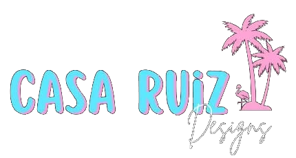 Casa Ruiz Designs logo, palm trees and a flamingo