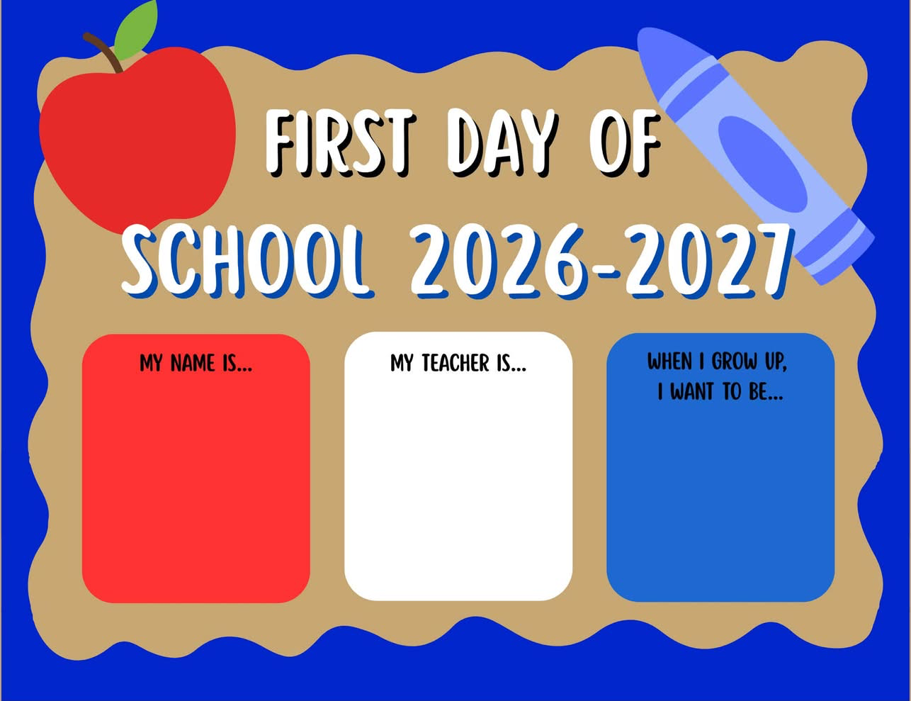 First day of school 2026-2027 mini banner in blue, red, and white