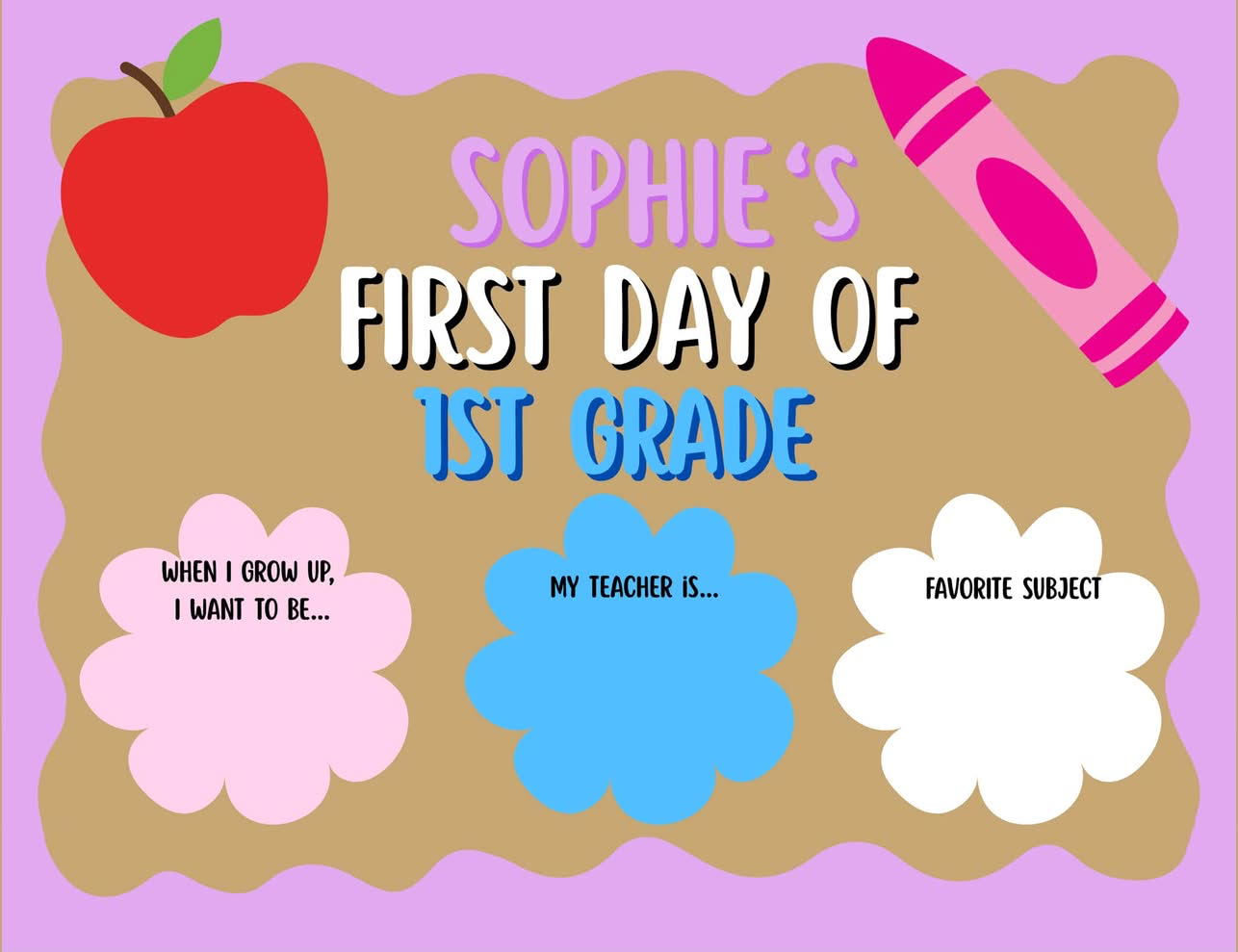 Sophie's first day of 1st grade mini banner in pink and purple